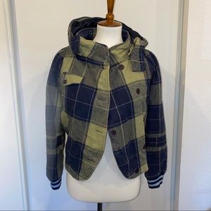 Blue & Green Plaid Flannel Puffer Jacket Hood S